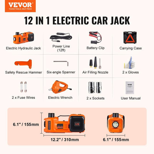 12 in 1 Electric Car Jack Set, Max 5 Ton/11023 LBS Hydraulic Jack with Electric Impact Wrench, Built-in Inflatable Pump and LED Light, Portable Car Lift for SUV MPV Sedan Truck Change Tires Garage Repair
